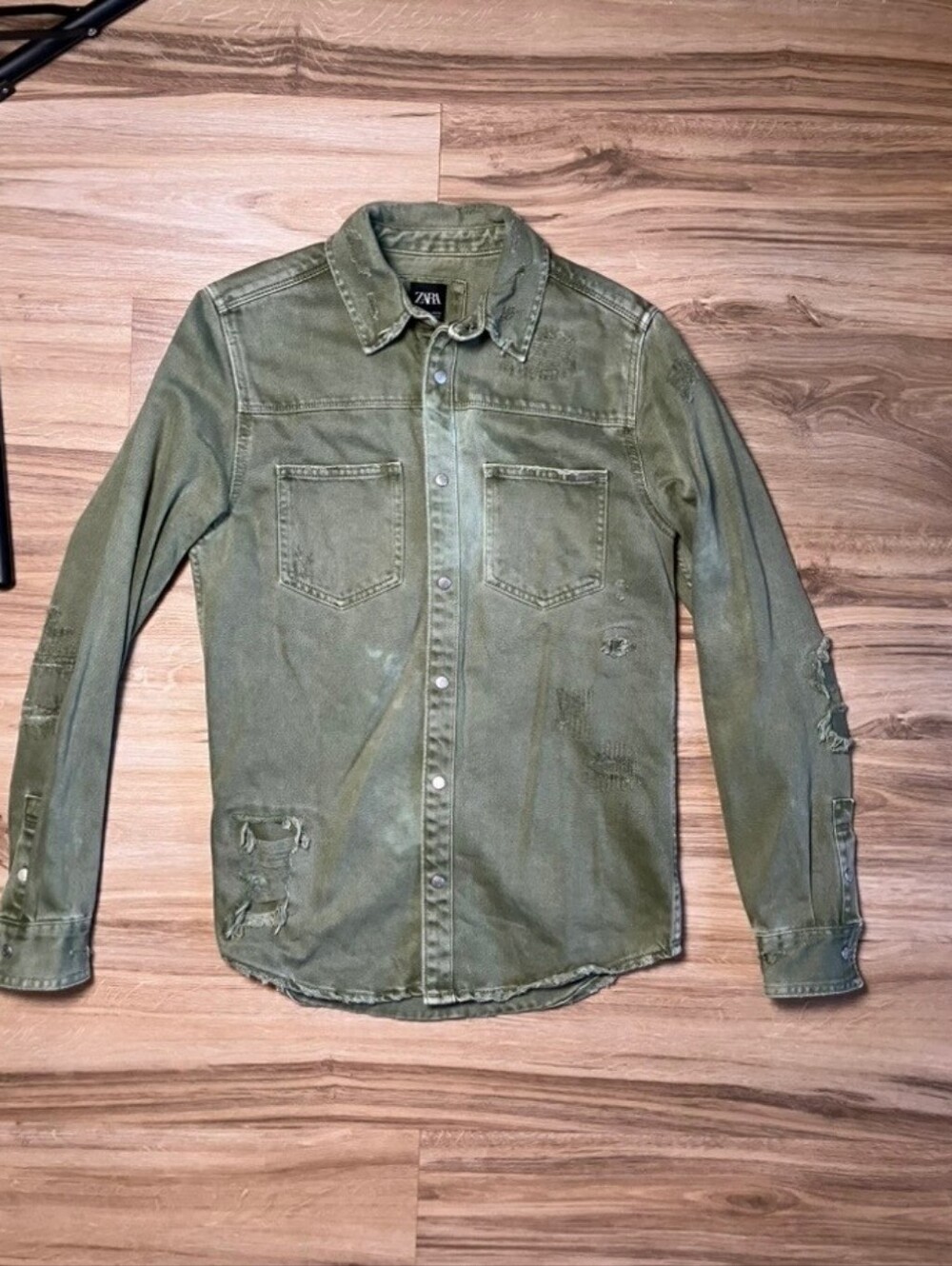 ZARA Men's Distressed Green Denim Jean Shirt/Jacket
